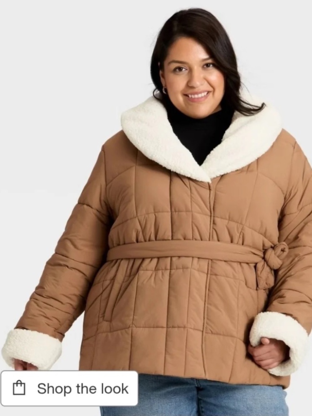 Women's Belted Faux Shearling Puffer Jacket - Ava & Viv Tan 2X
